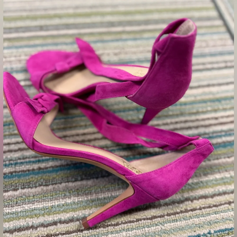 Vince Camuto Fuchsia Suede Bow Heels Ankle Wrap Stiletto Sandals 6.5 - Picture 3 of 10